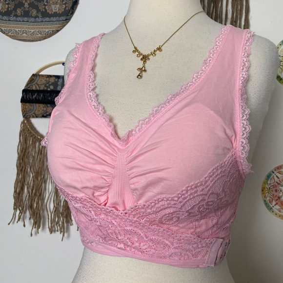 NWOT pink sports bra lace trim front wrap around closure adjustable stretch 2 XL - Picture 2 of 11